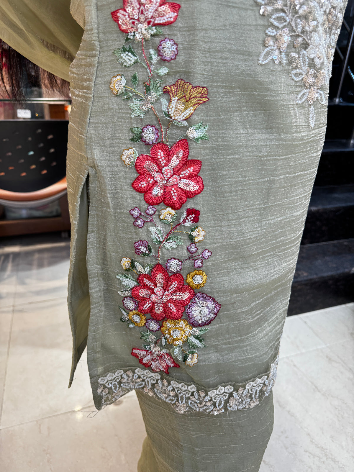 Sage Bloom Embroidered Palazzo Suit Set