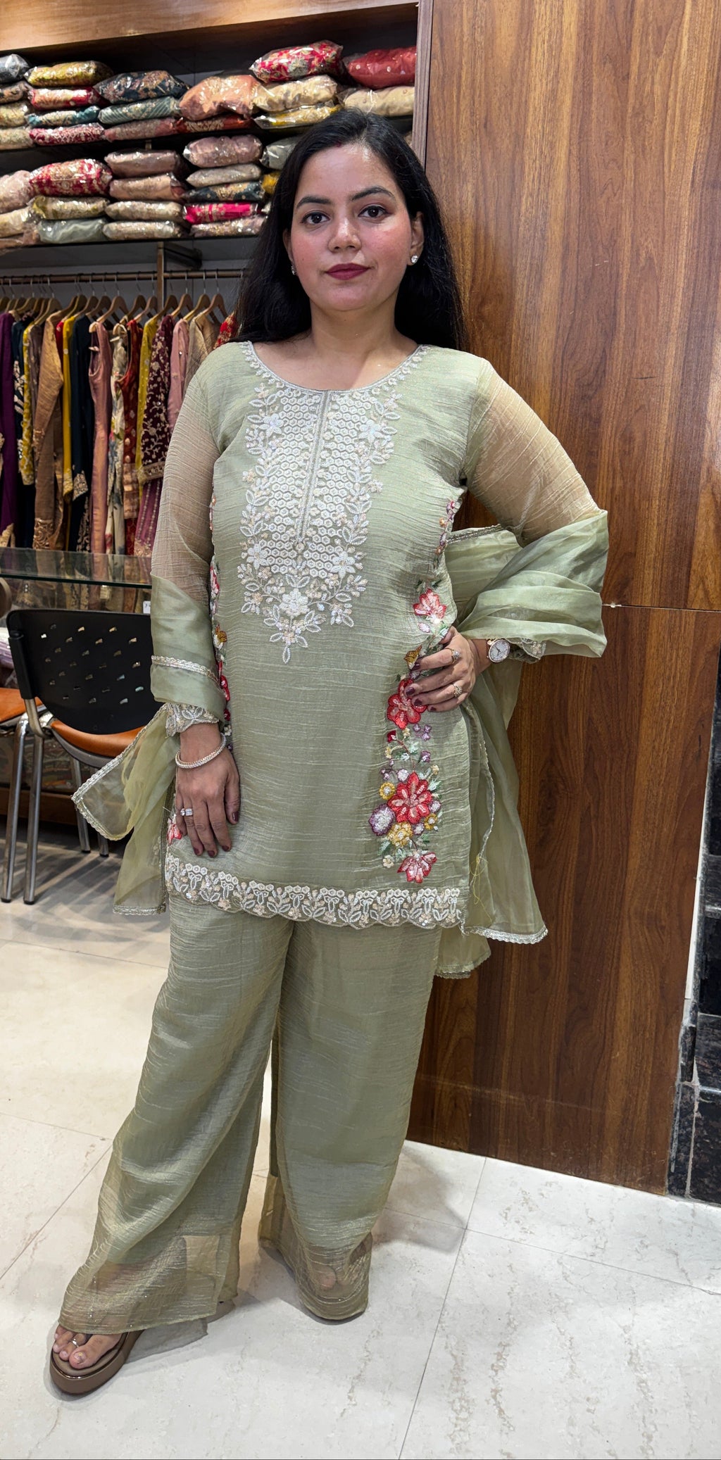 Sage Bloom Embroidered Palazzo Suit Set