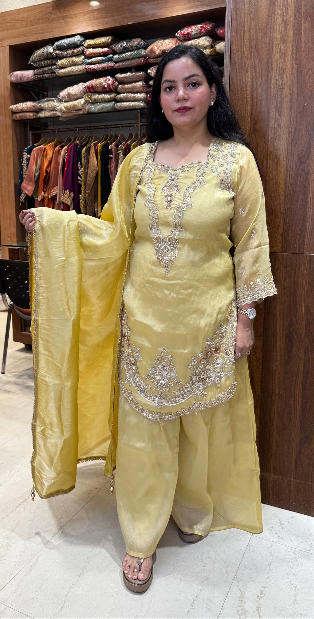 Butter Yellow Embroidered Palazzo Suit Set