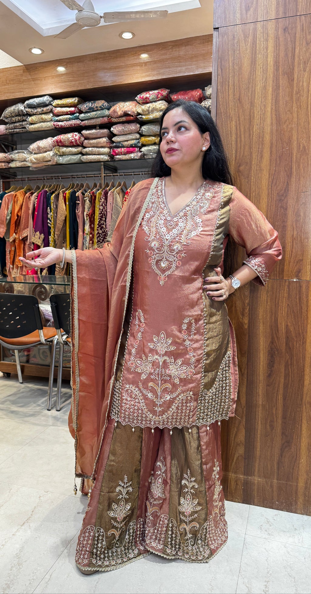 Gulnaar Rose Gold Embroidered Sharara Suit Set