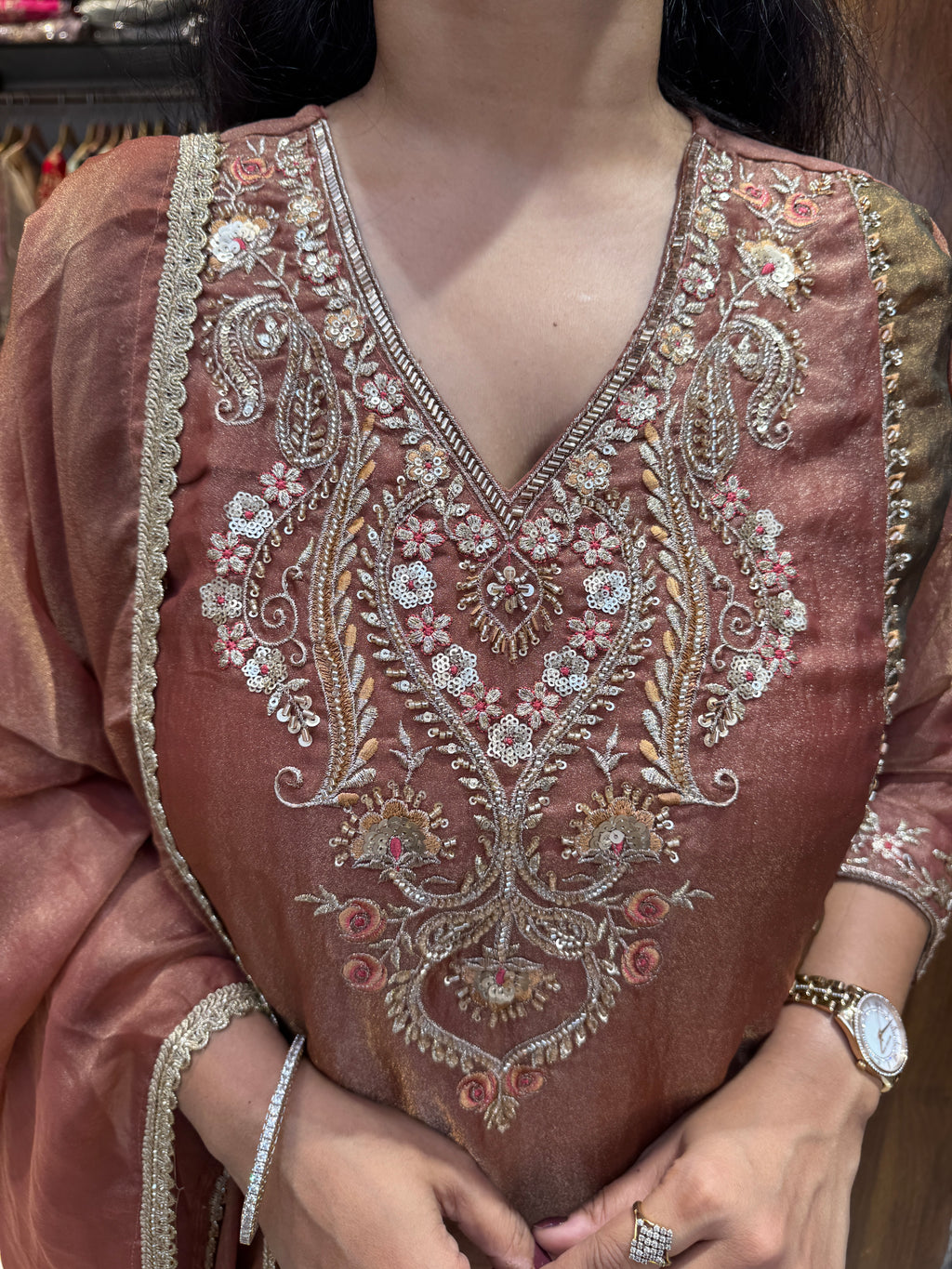 Gulnaar Rose Gold Embroidered Sharara Suit Set