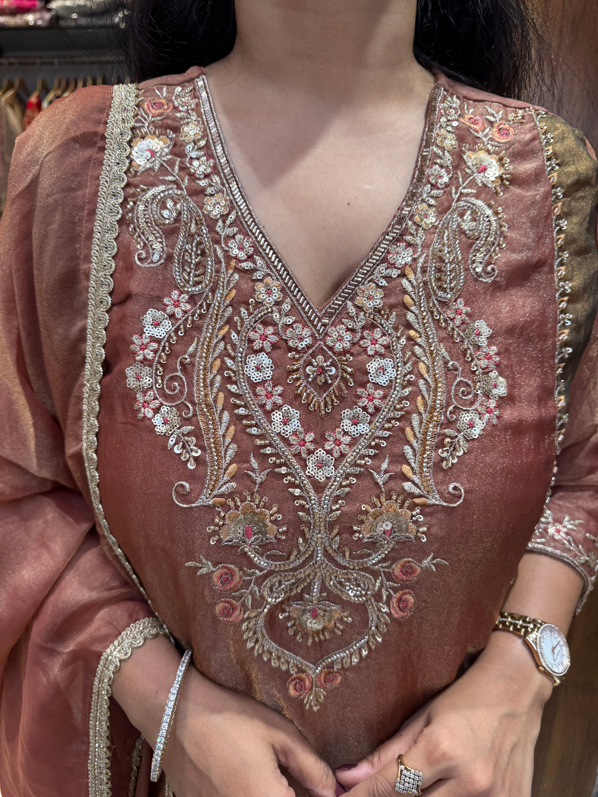 Gulnaar Rose Gold Embroidered Sharara Suit Set