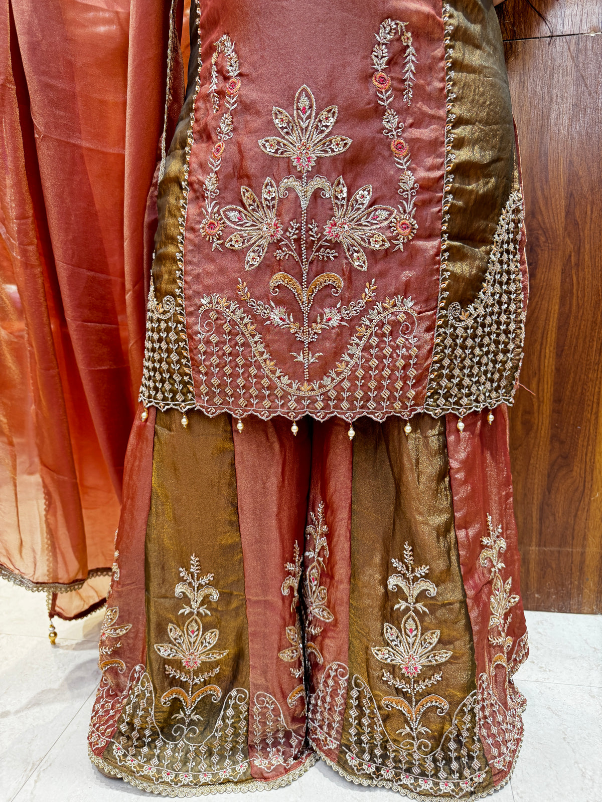 Gulnaar Rose Gold Embroidered Sharara Suit Set
