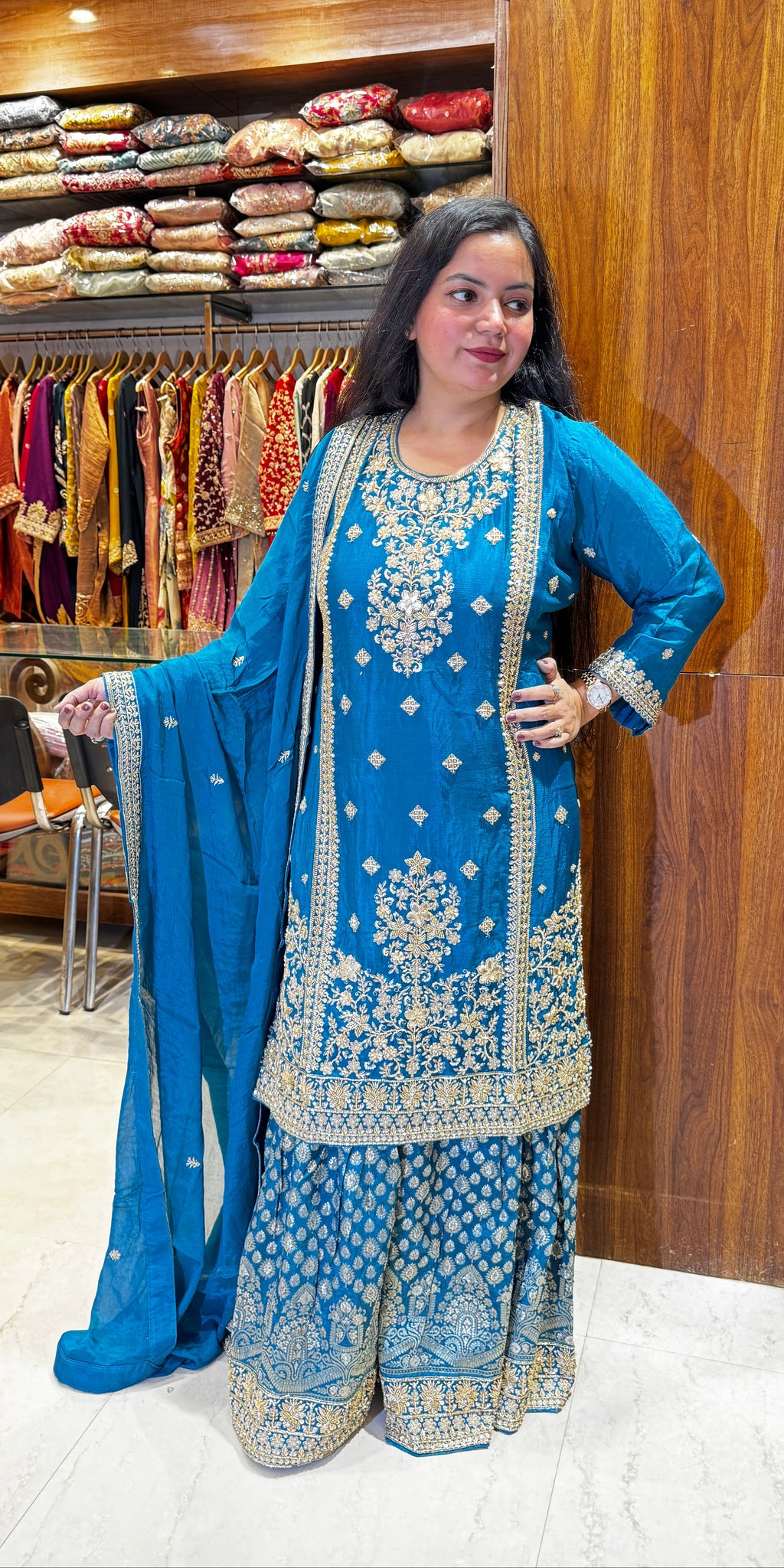 Firoza Noor Azure Blue Embroidered Sharara Suit Set