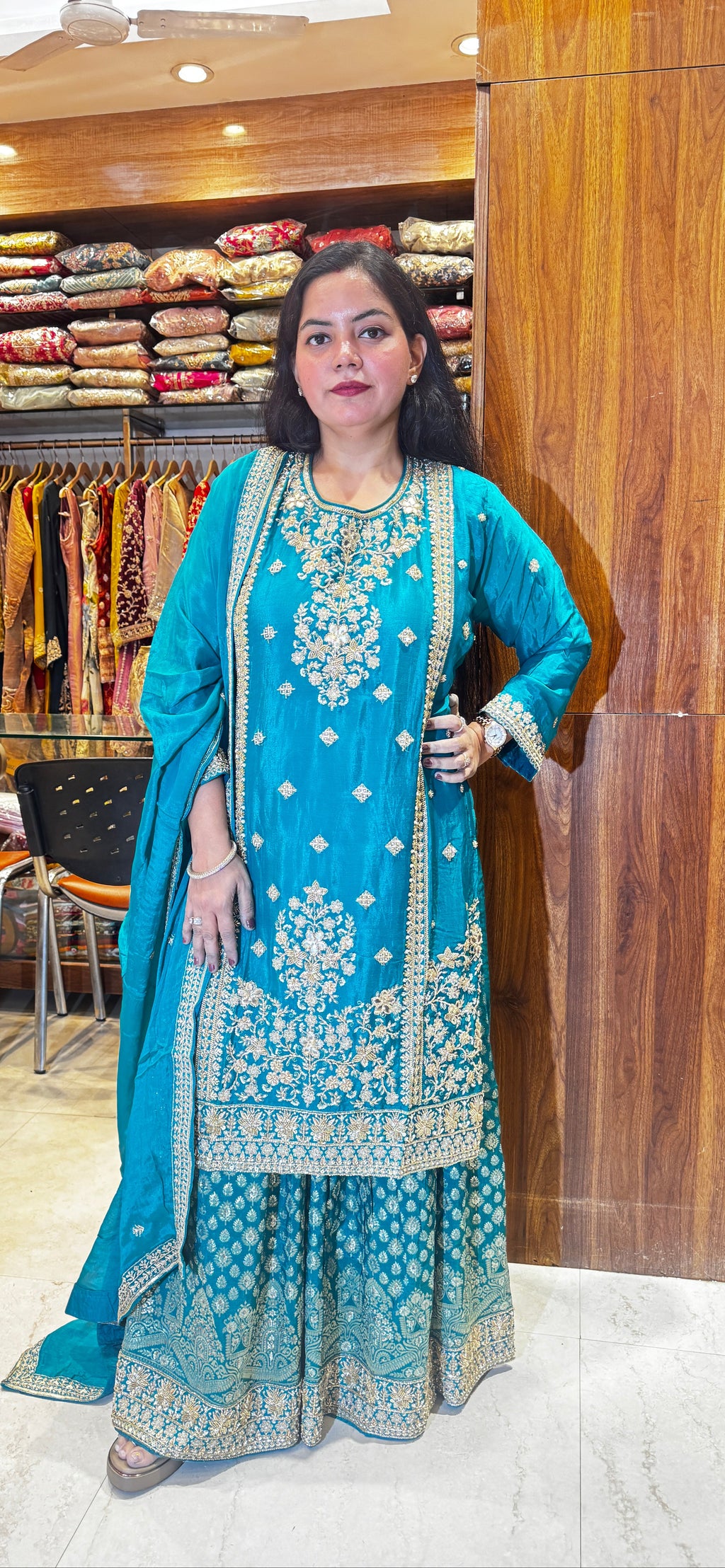 Firoza Noor Teal Zari Embroidered Sharara Suit Set
