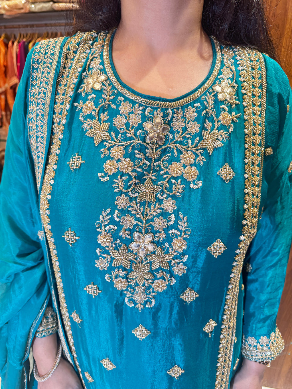 Firoza Noor Teal Zari Embroidered Sharara Suit Set