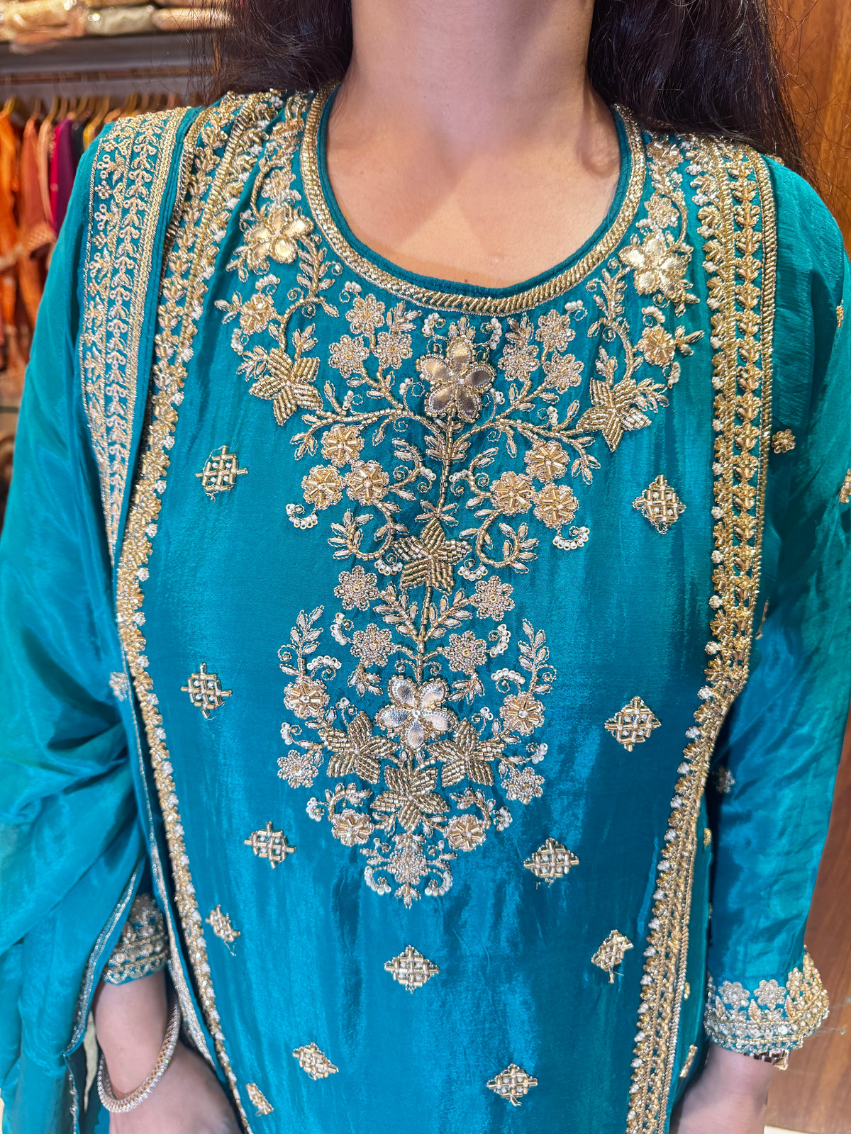 Firoza Noor Teal Zari Embroidered Sharara Suit Set