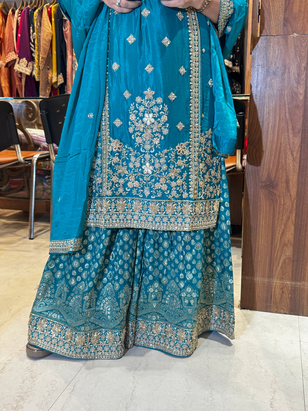 Firoza Noor Teal Zari Embroidered Sharara Suit Set