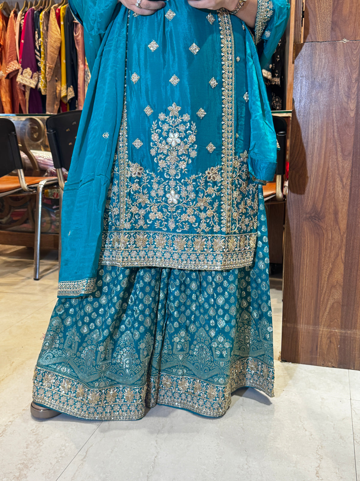 Firoza Noor Teal Zari Embroidered Sharara Suit Set