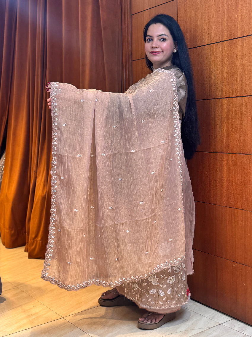 Woman holding a beige embroidered dupatta against a wooden panel background