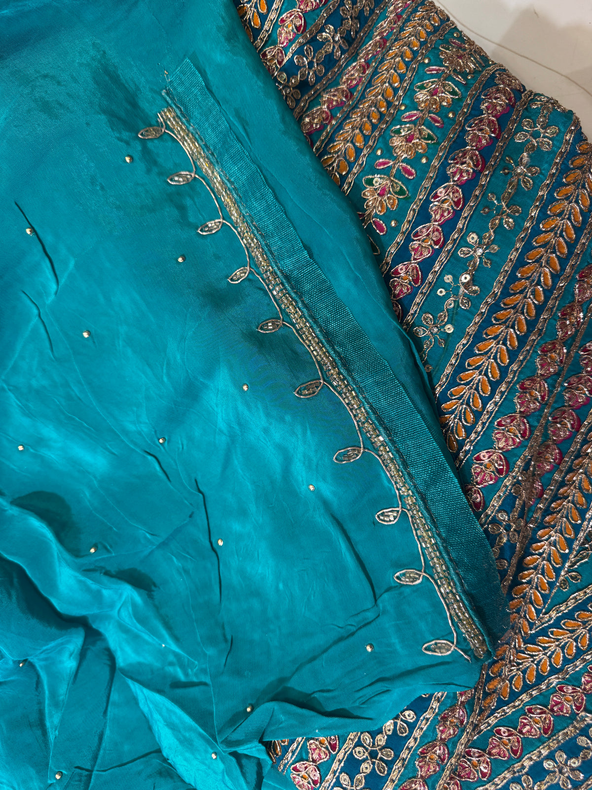 Teal Gota Patti Georgette Unstitched Suit