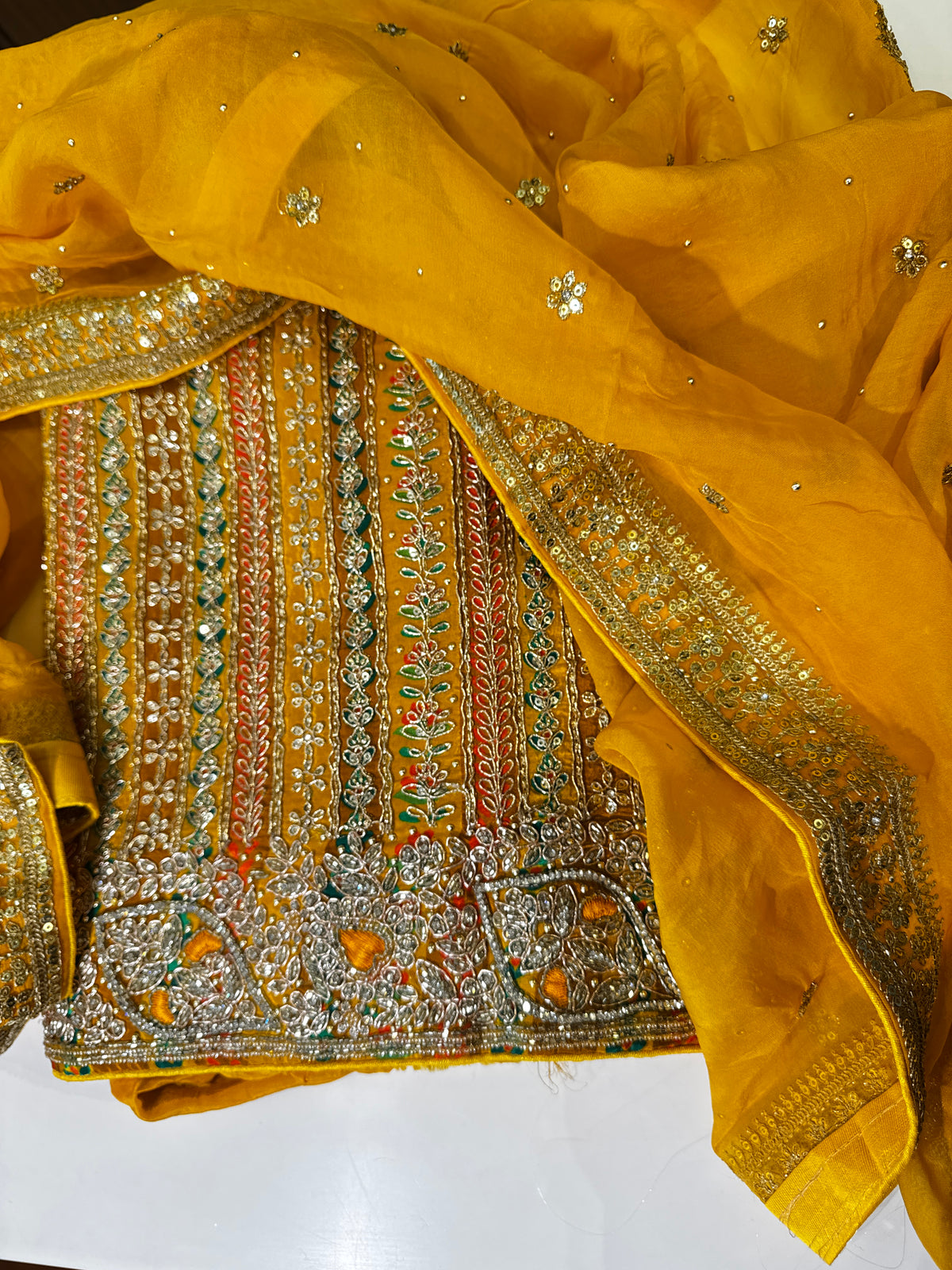 Mustard Yellow Gota Patti Georgette Unstitched Suit