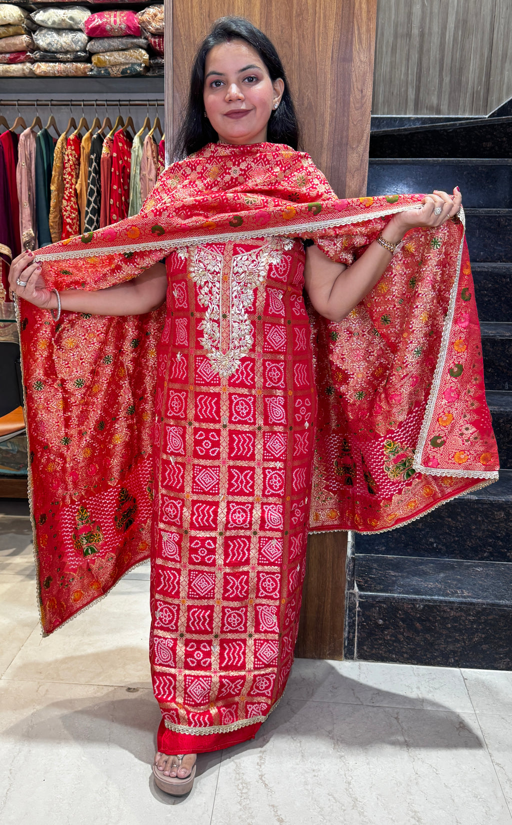 Ruby Red Bandhani Embroidered Unstitched Suit