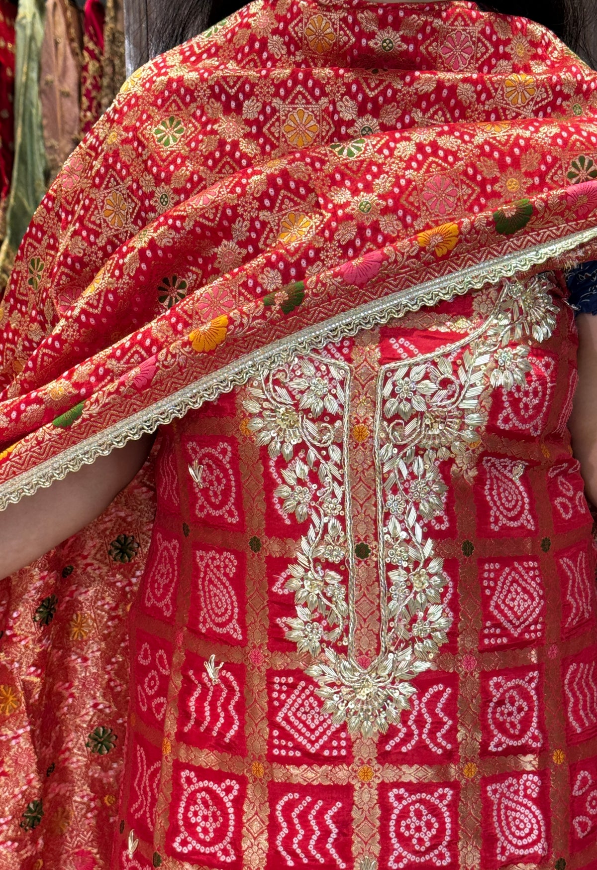 Ruby Red Bandhani Embroidered Unstitched Suit