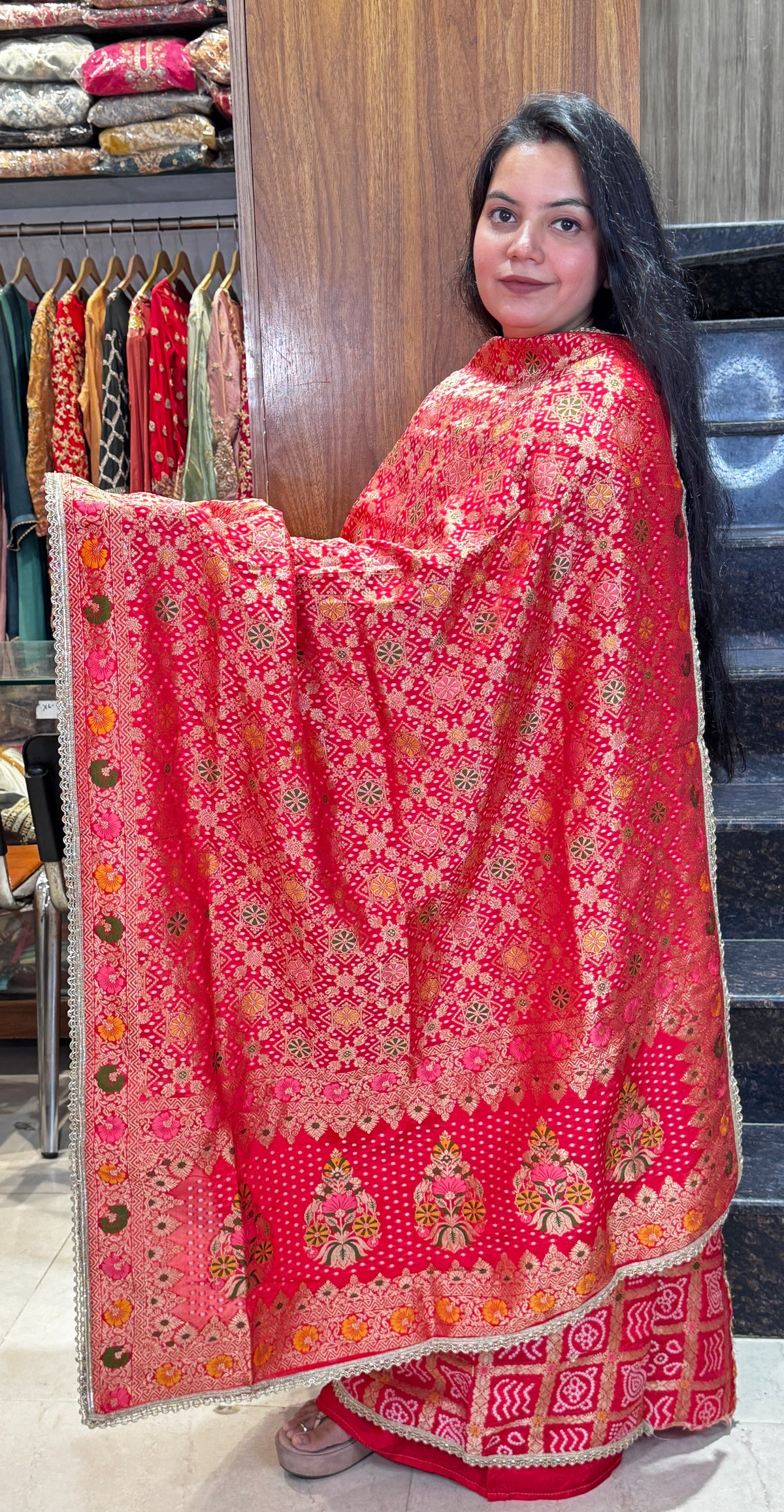Ruby Red Bandhani Embroidered Unstitched Suit