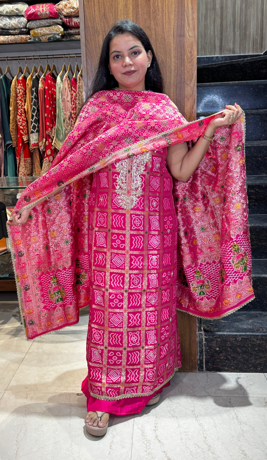 Rani Pink Bandhani Embroidered Unstitched Suit