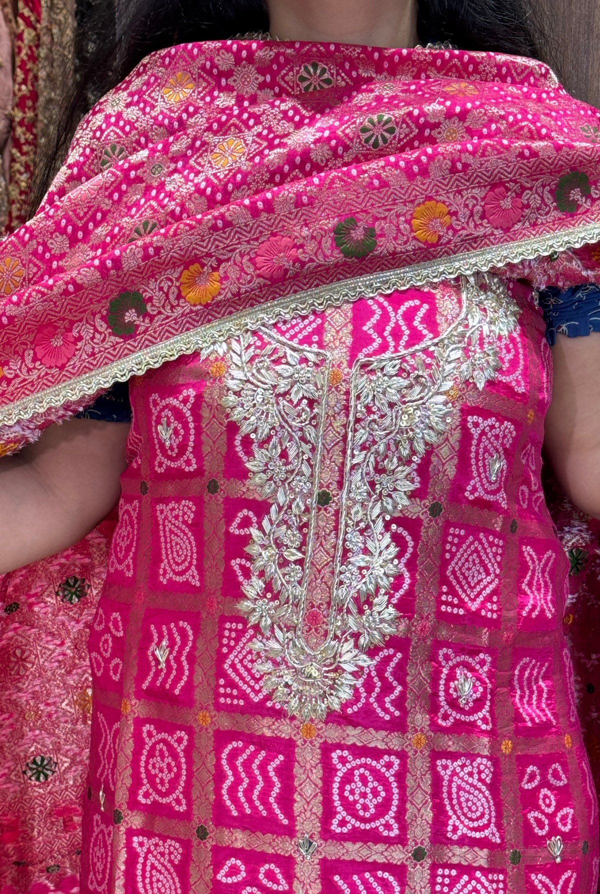 Rani Pink Bandhani Embroidered Unstitched Suit