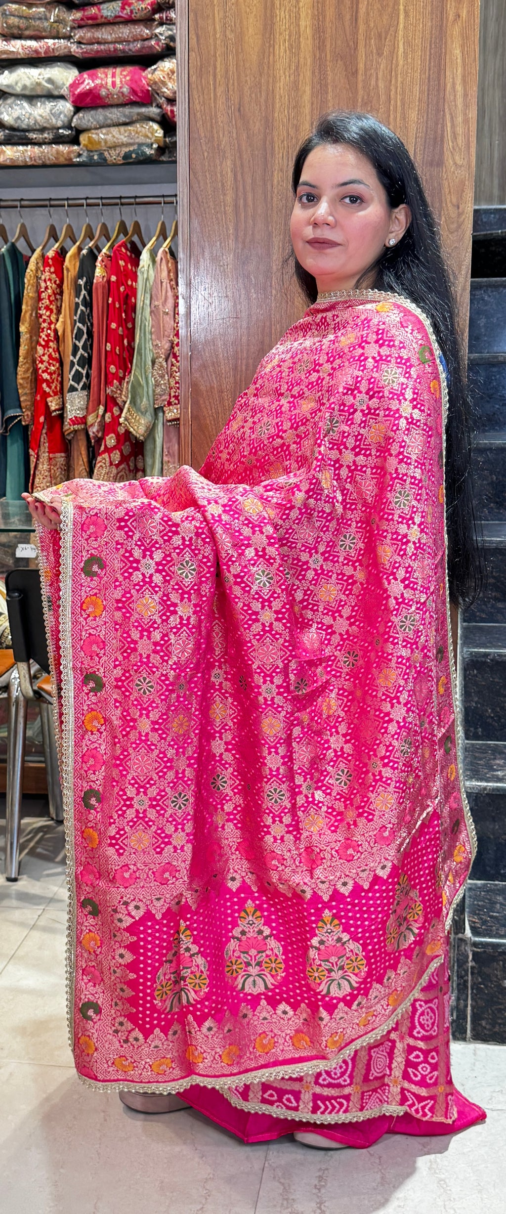 Rani Pink Bandhani Embroidered Unstitched Suit