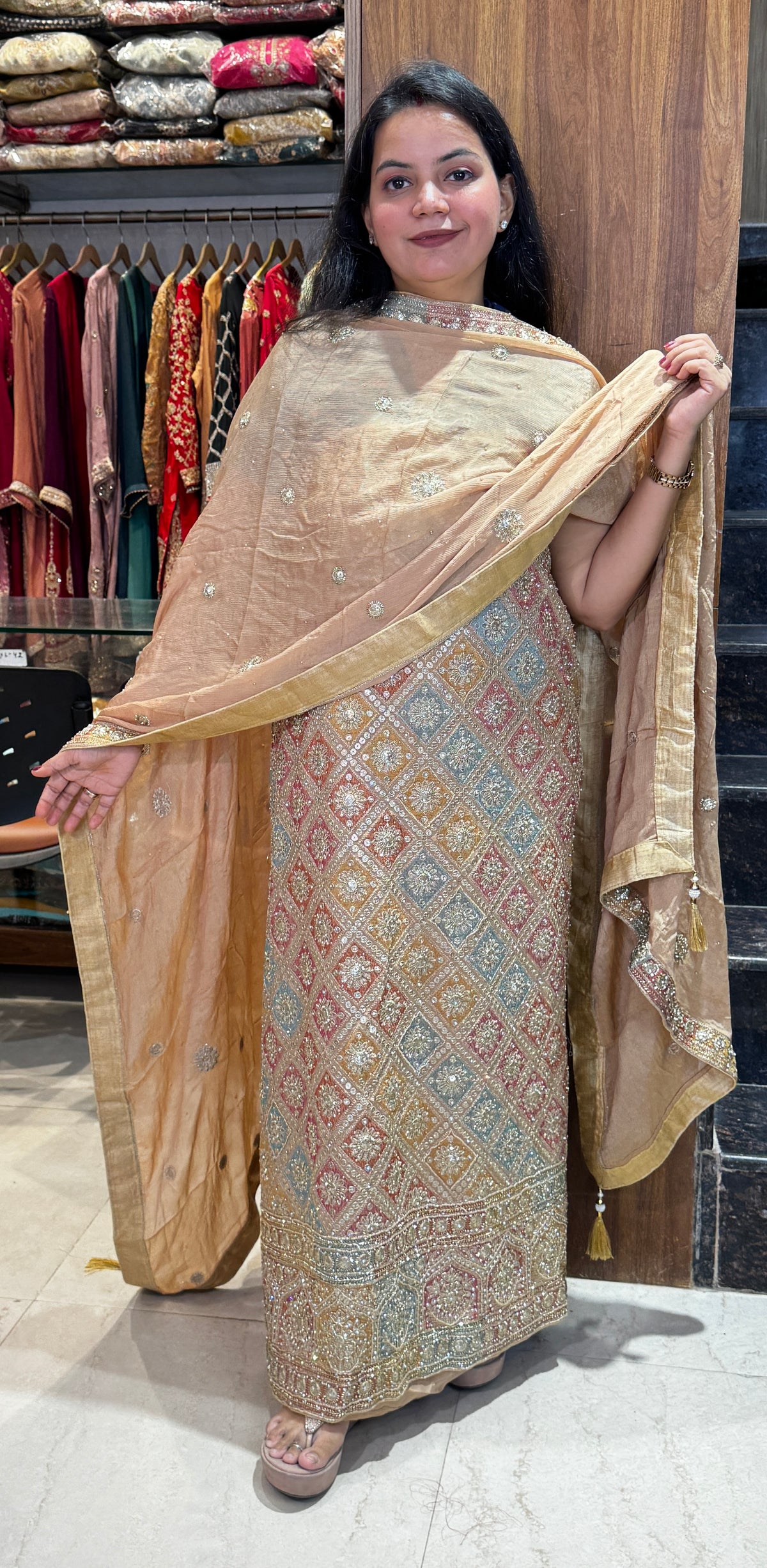 Champagne Beige Multicoloured Embroidered Unstitched Suit
