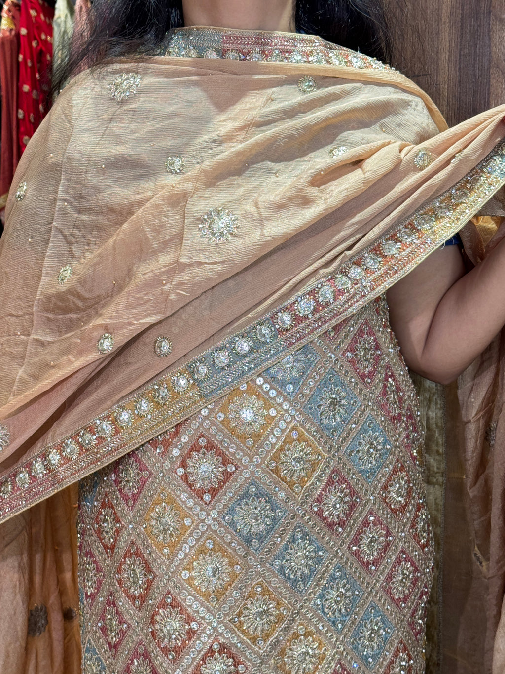 Champagne Beige Multicoloured Embroidered Unstitched Suit