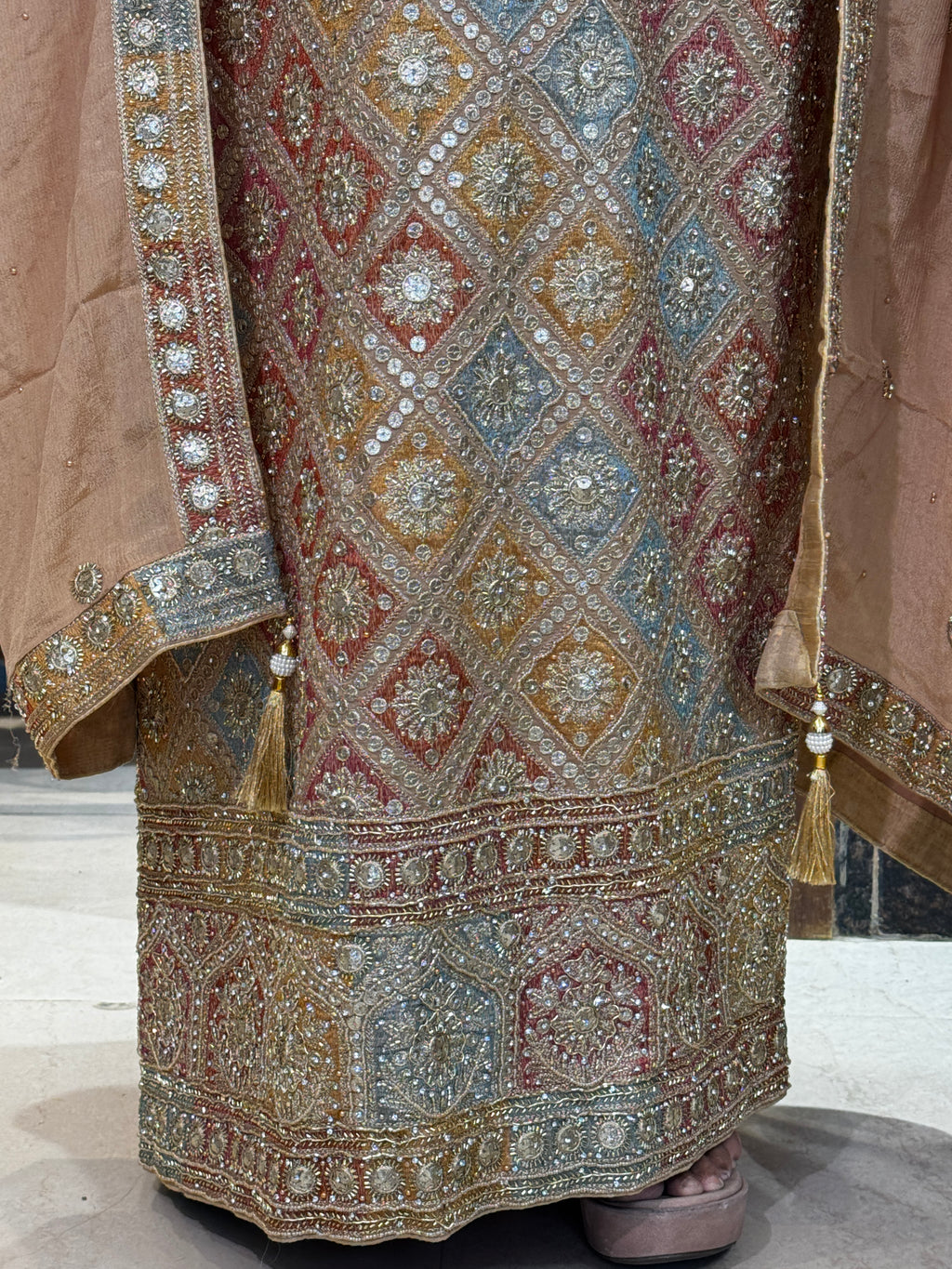 Champagne Beige Multicoloured Embroidered Unstitched Suit