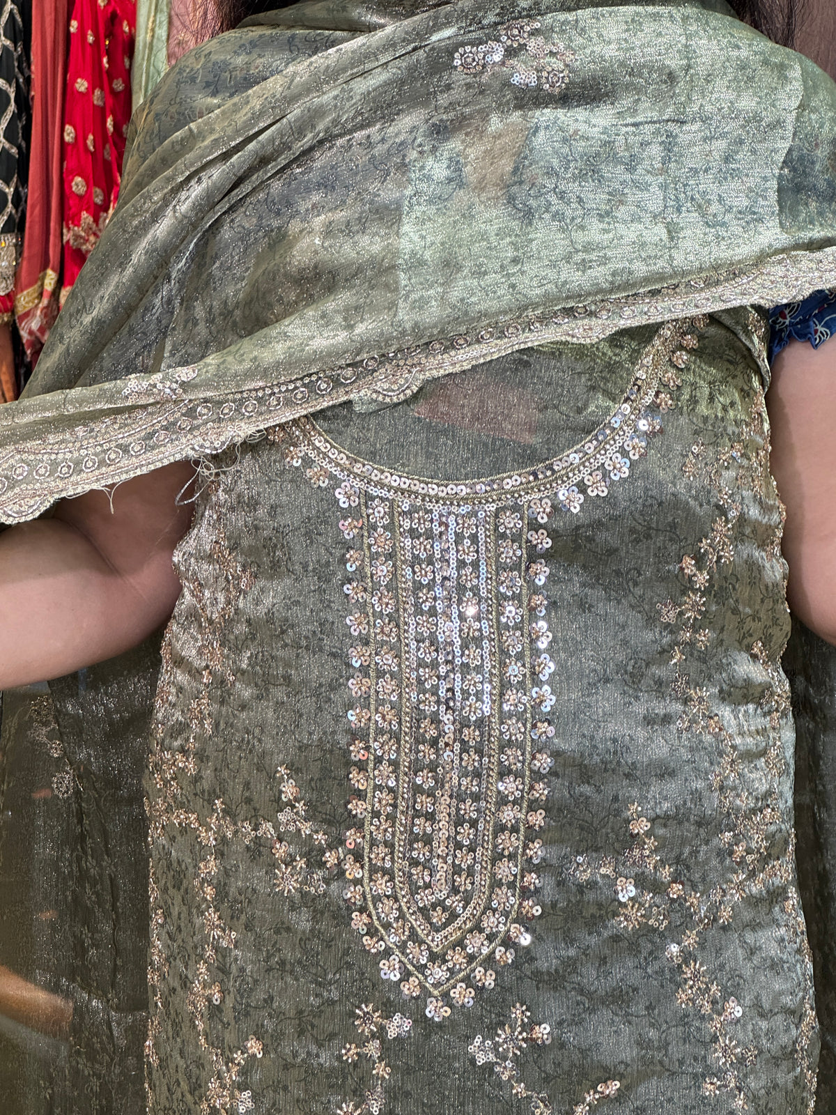 Olive Green Floral Unstitched Suit
