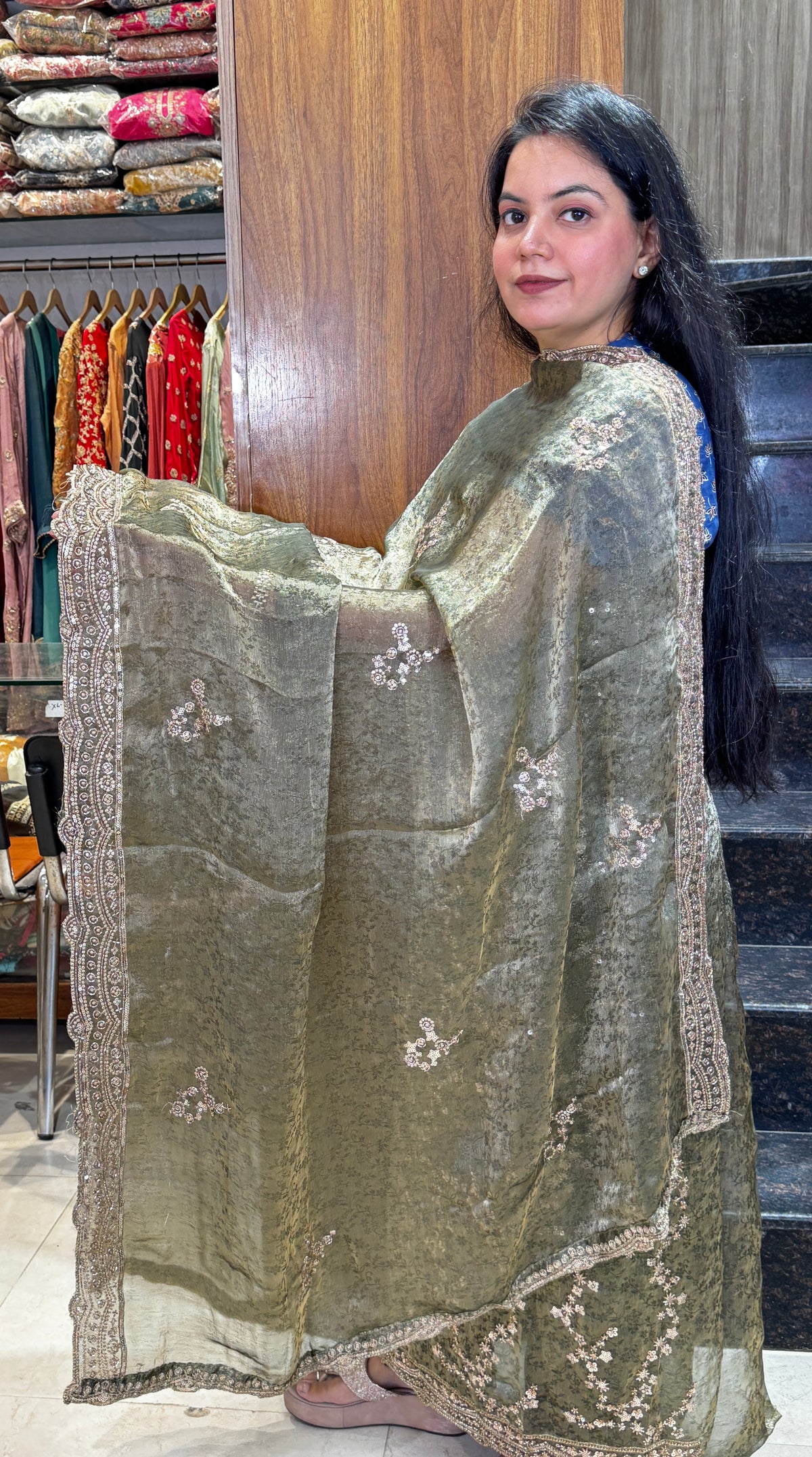 Olive Green Floral Unstitched Suit