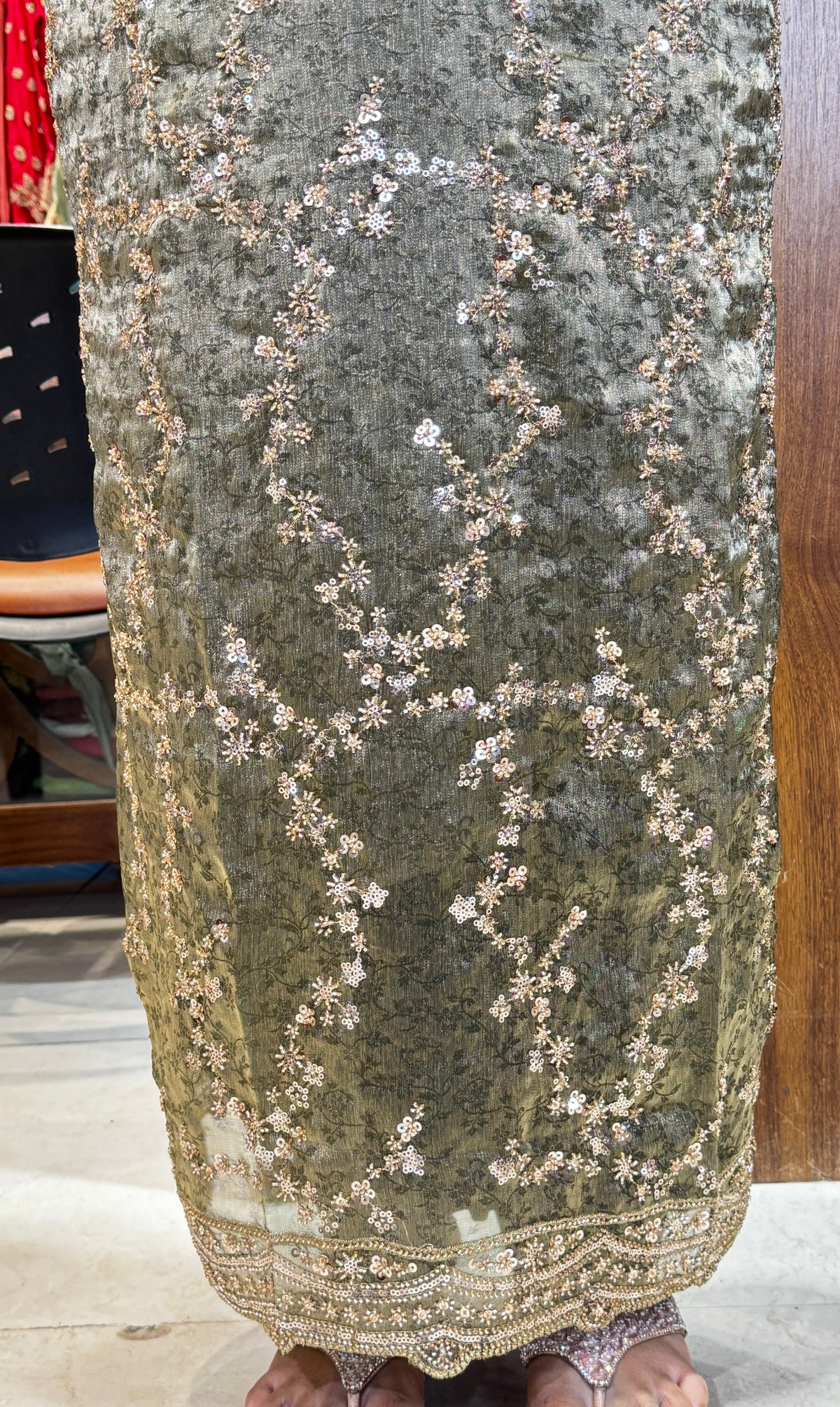 Olive Green Floral Unstitched Suit