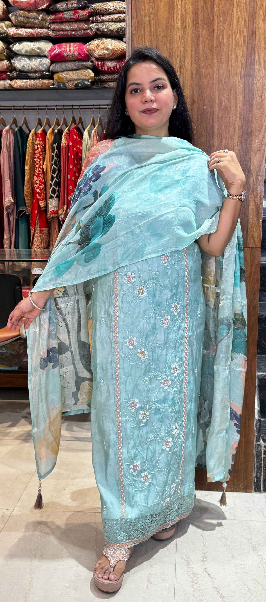 Powder Blue Floral  Unstitched Suit