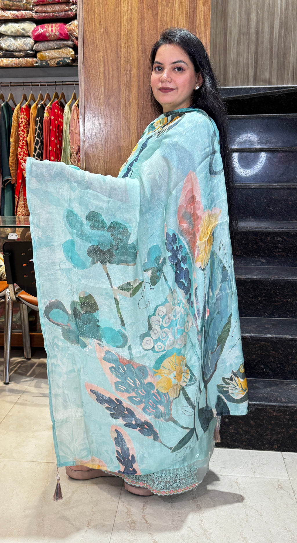 Powder Blue Floral  Unstitched Suit