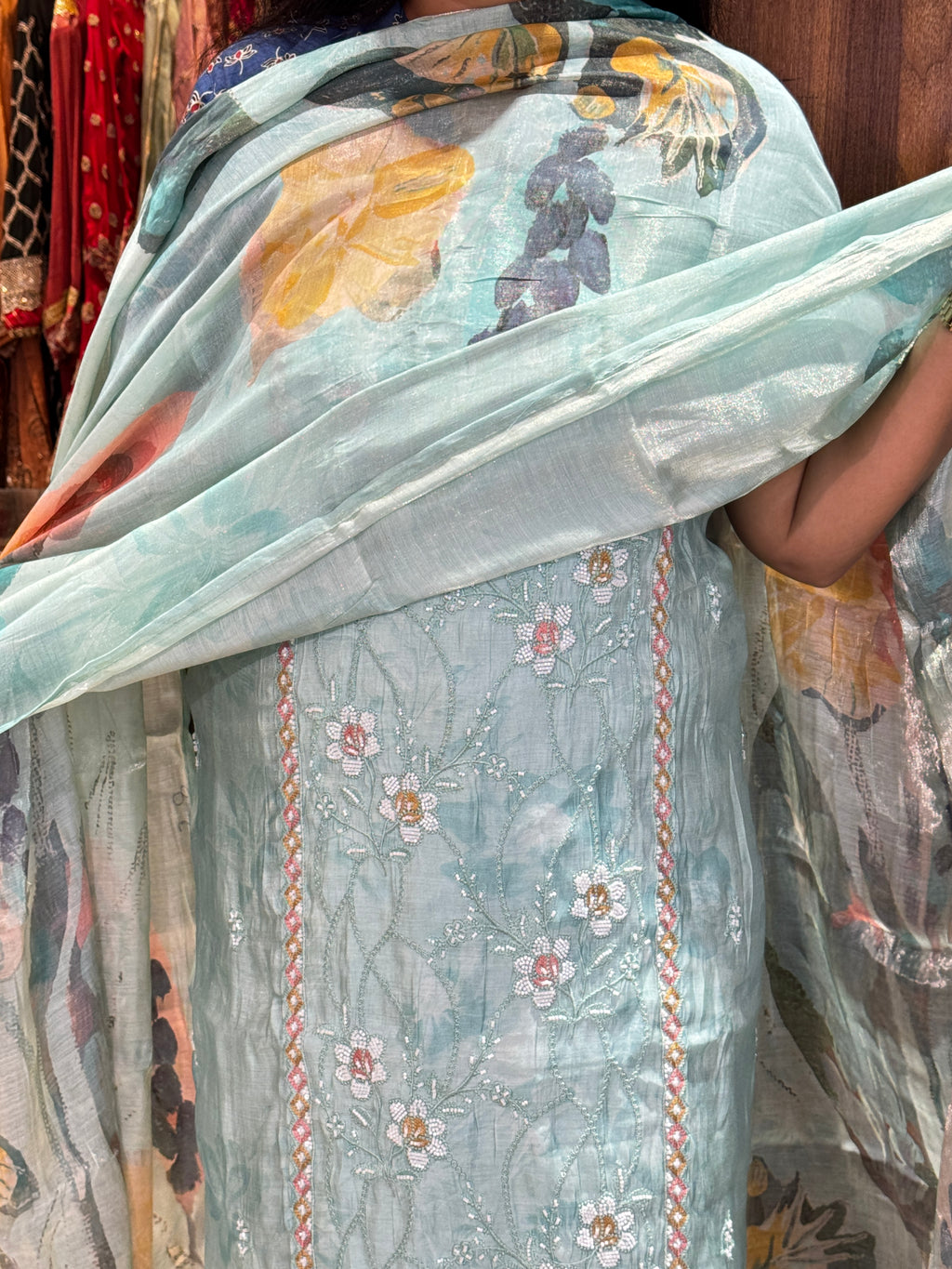 Powder Blue Floral  Unstitched Suit