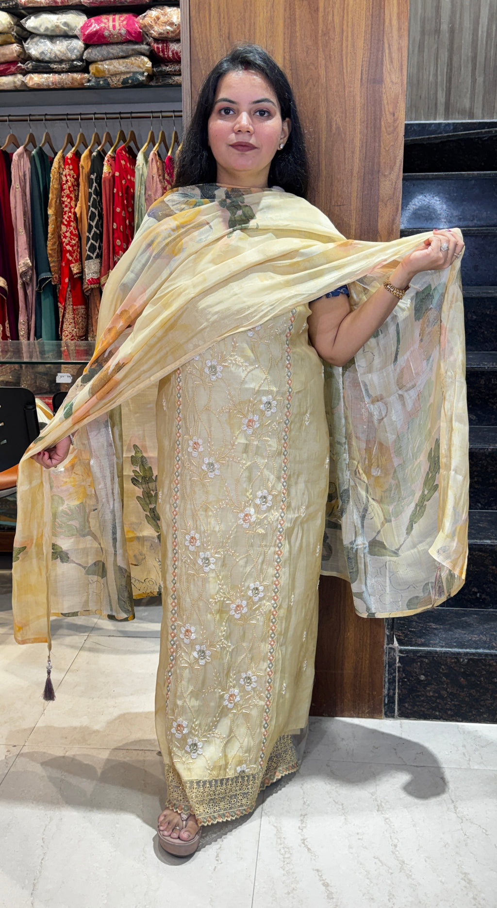 Lemon Yellow Floral  Unstitched Suit