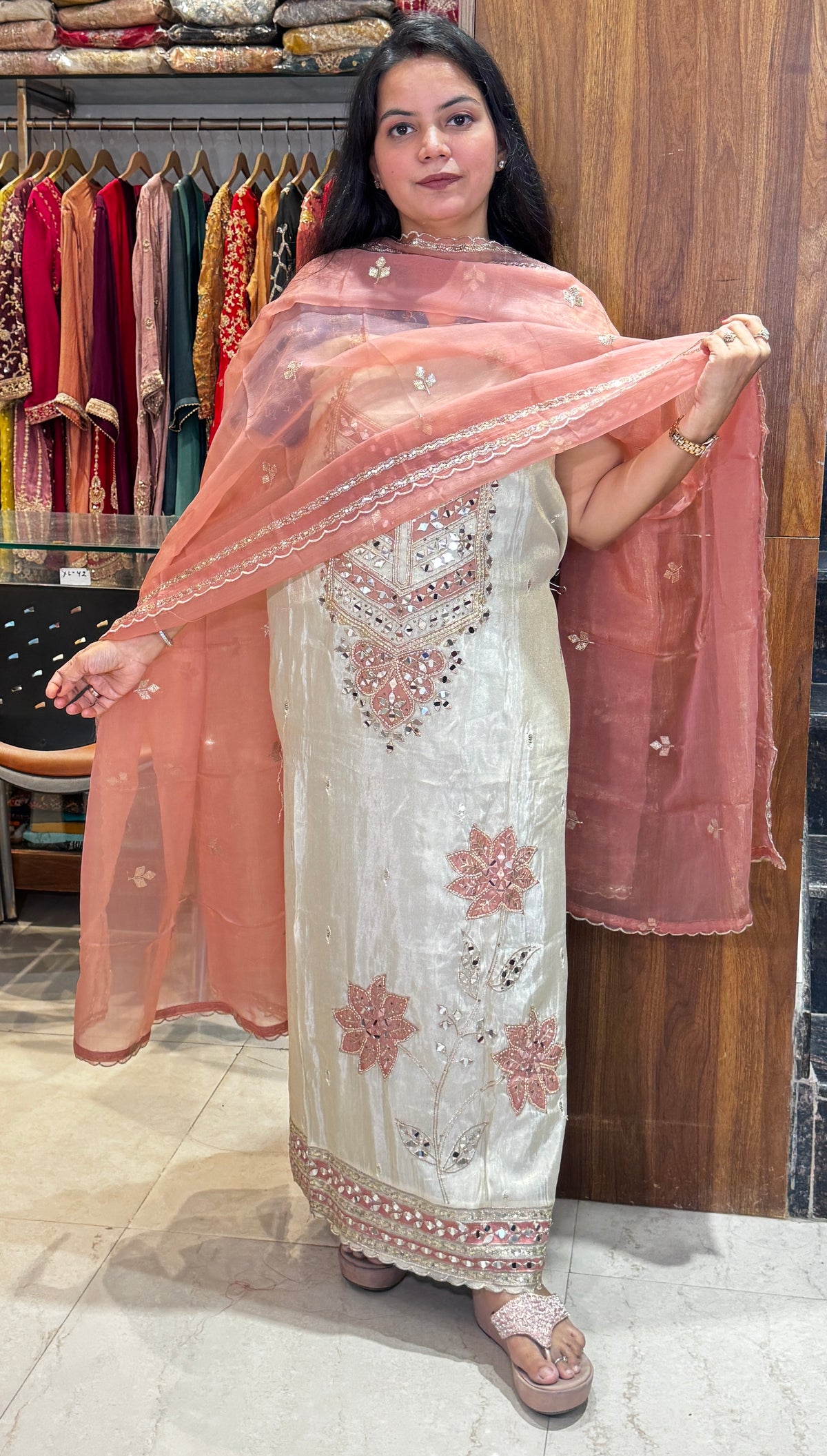 Ivory Pink Mirror Work Embroidered Unstitched Suit