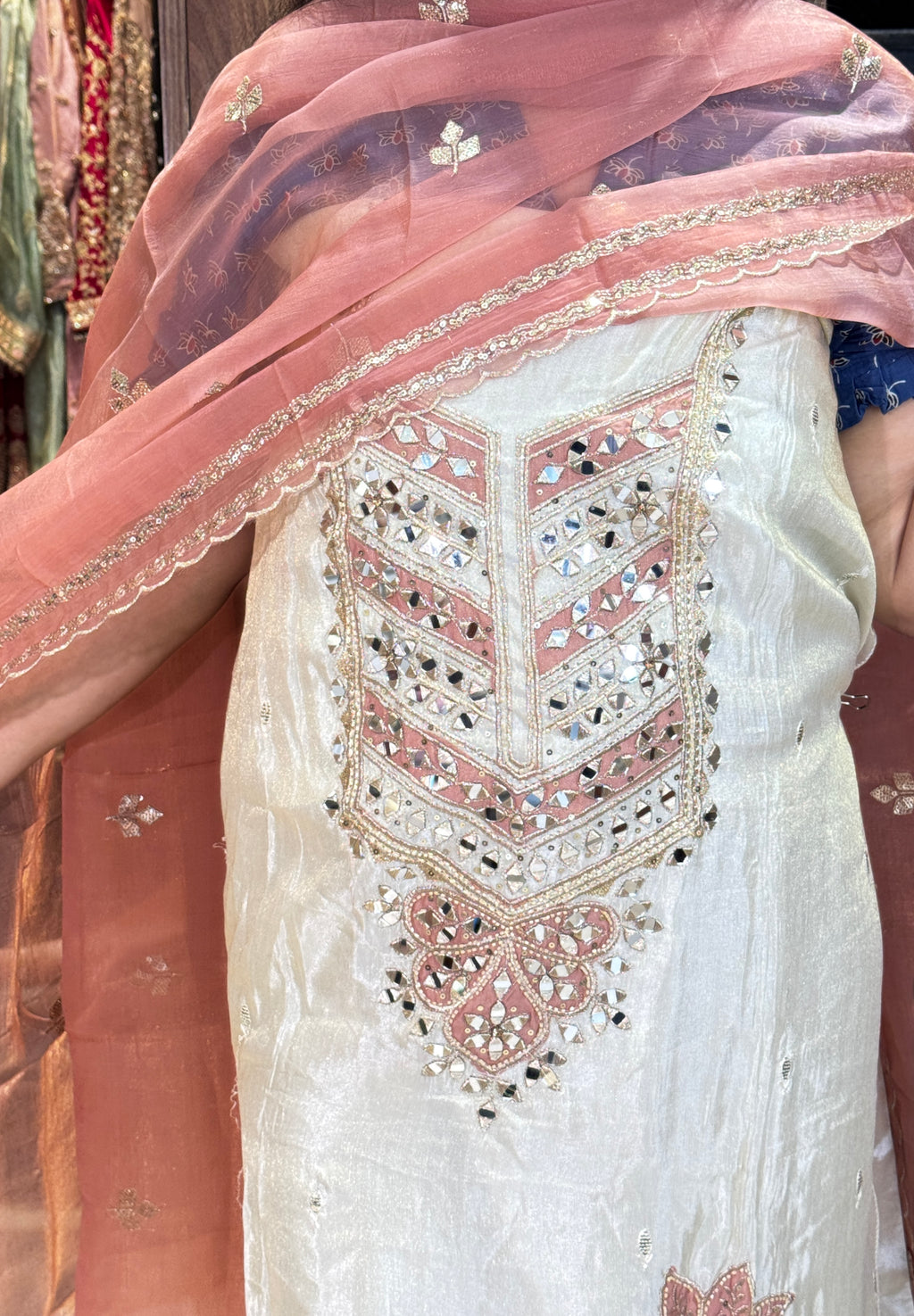 Ivory Pink Mirror Work Embroidered Unstitched Suit
