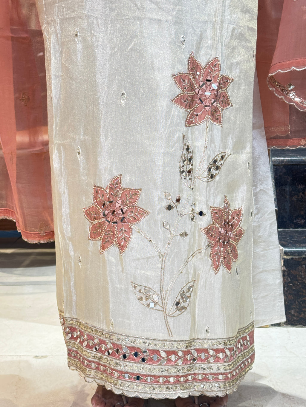 Ivory Pink Mirror Work Embroidered Unstitched Suit
