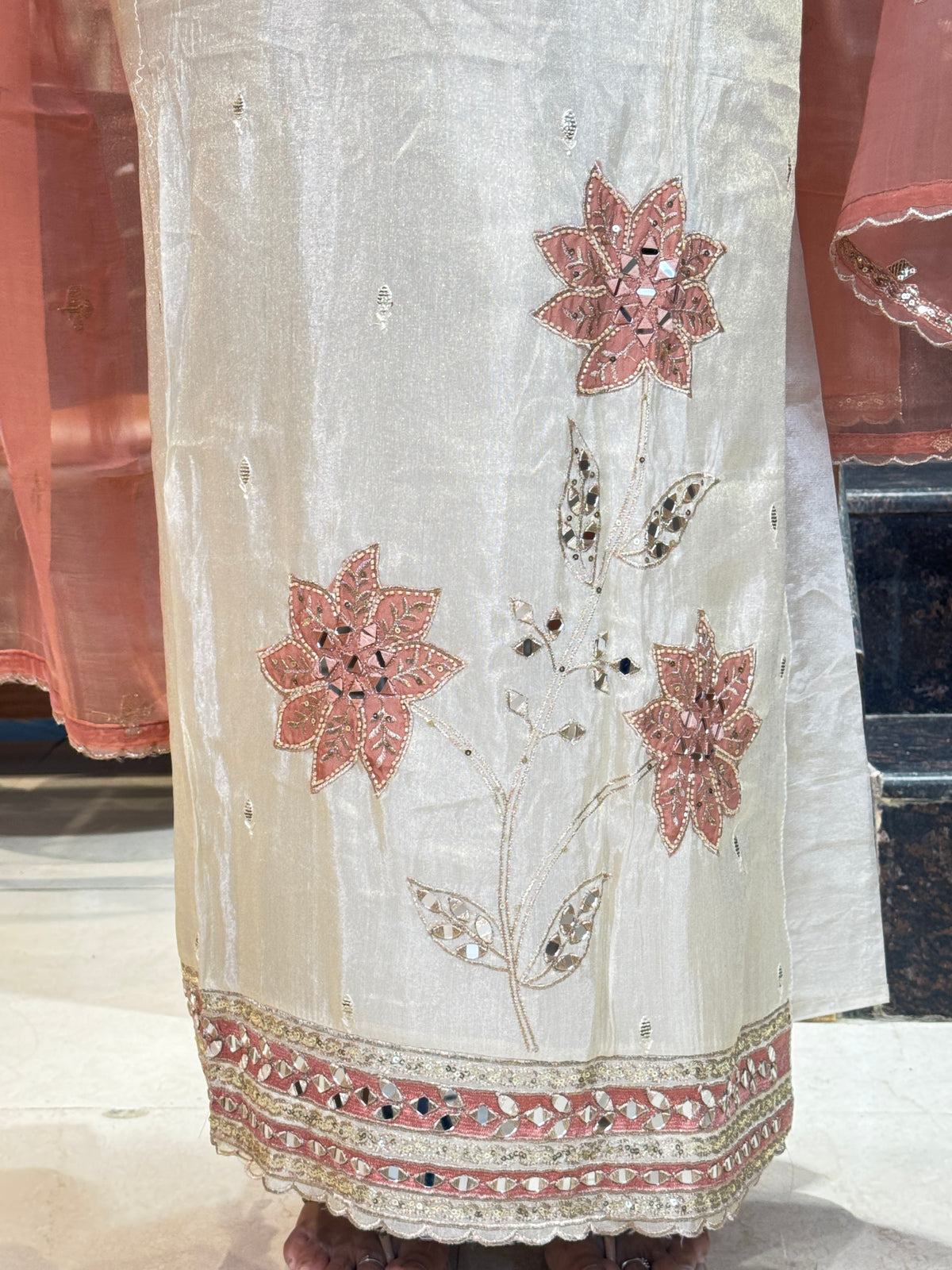 Ivory Pink Mirror Work Embroidered Unstitched Suit