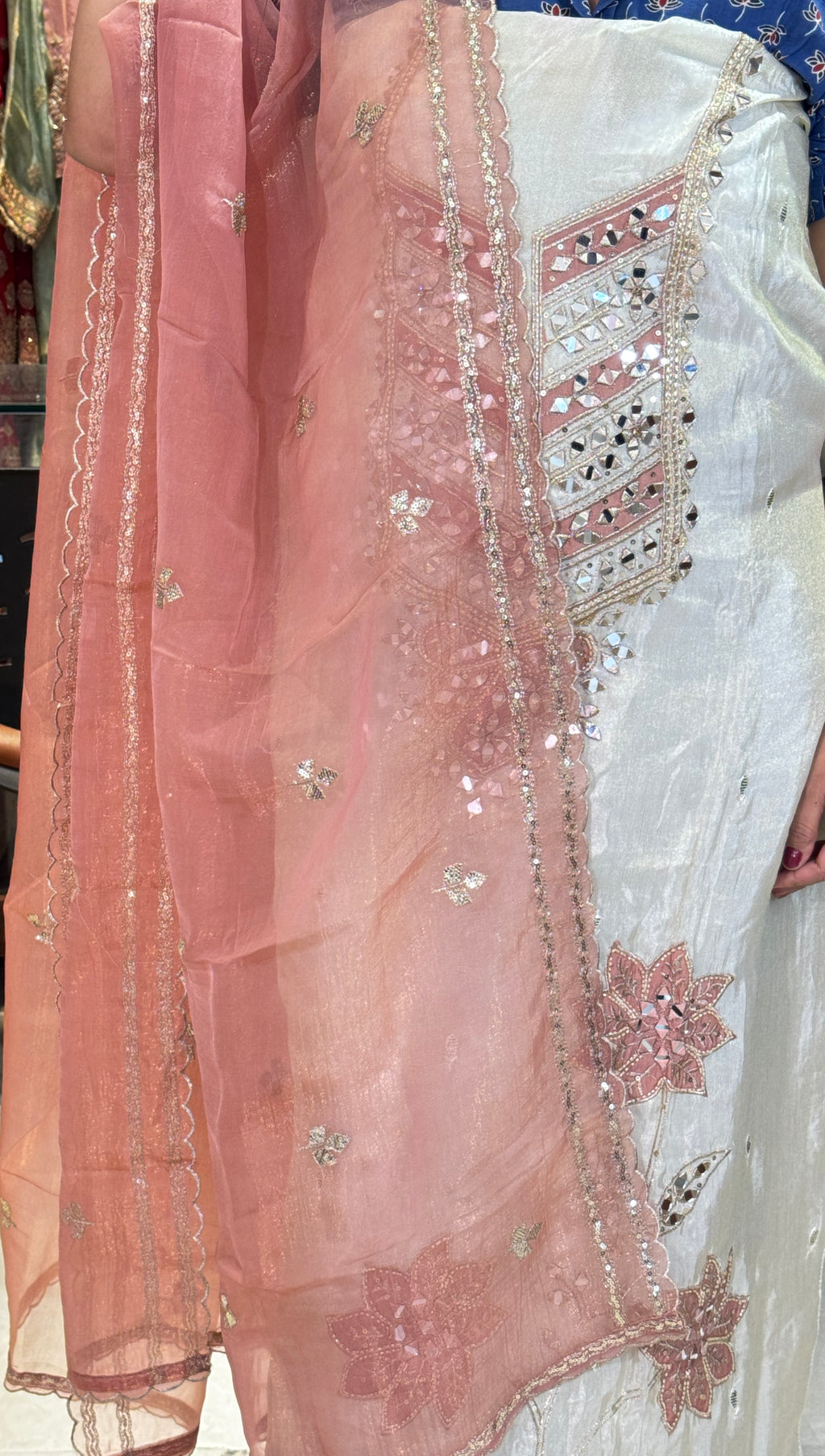 Ivory Pink Mirror Work Embroidered Unstitched Suit