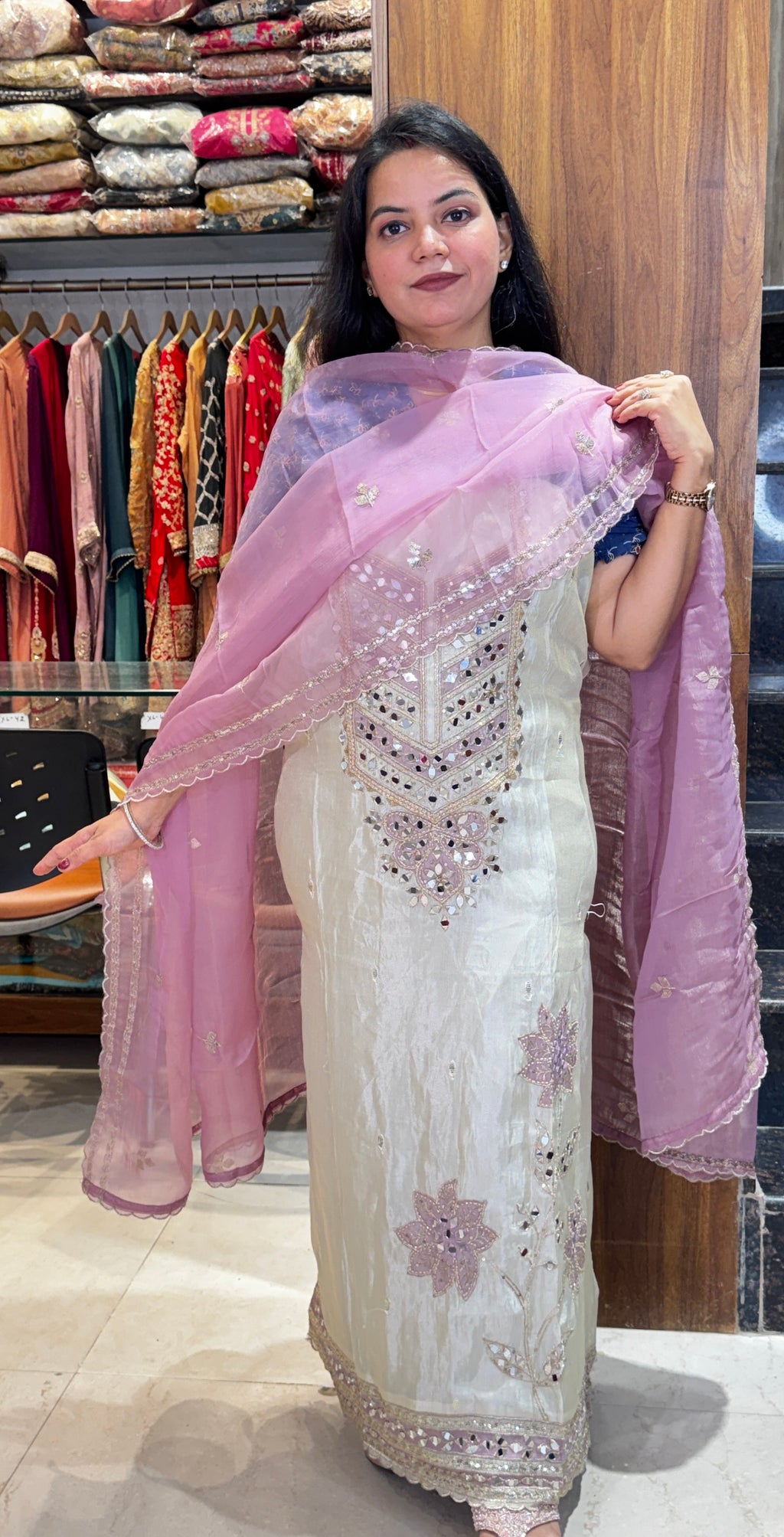 Lavender Purple Mirror Work Embroidered Unstitched Suit