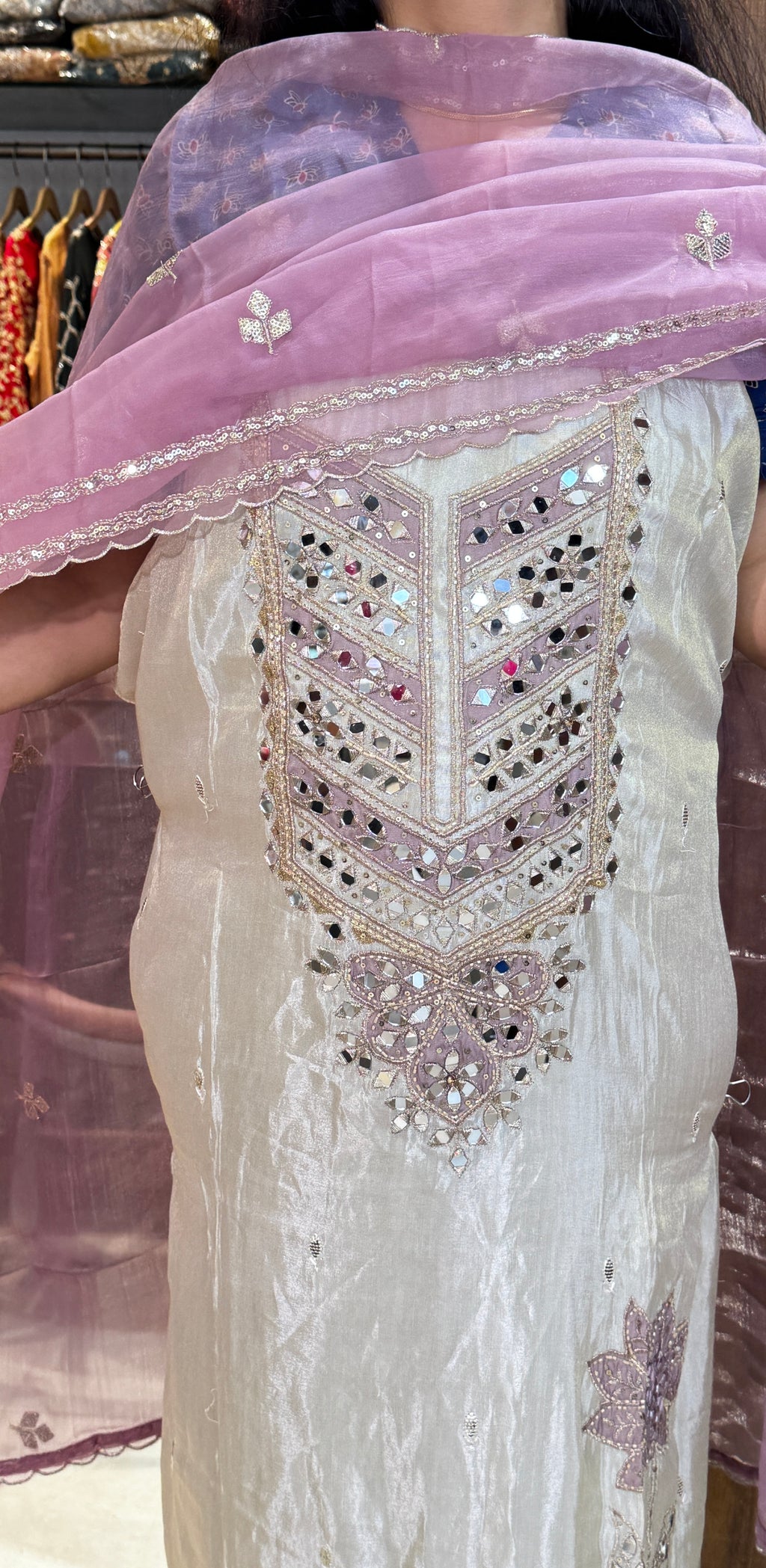 Lavender Purple Mirror Work Embroidered Unstitched Suit