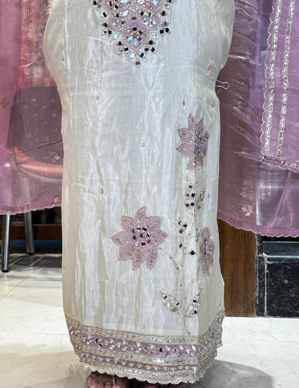 Lavender Purple Mirror Work Embroidered Unstitched Suit