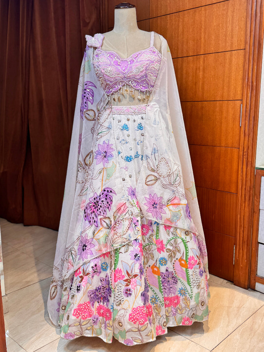 Floral dress on a mannequin against a wooden door background