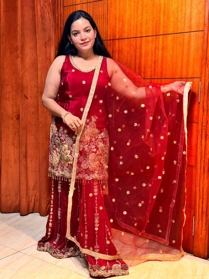 Woman in a red saree with gold details standing against a wooden door.