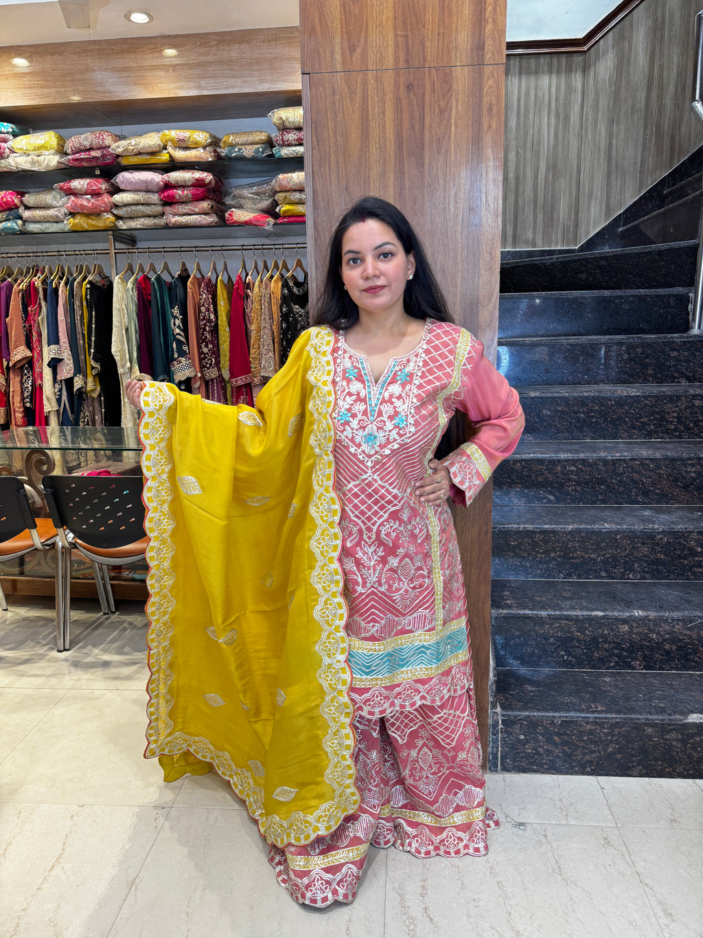 Rose Pink Yellow Embroidered Lawn Stitched Suit