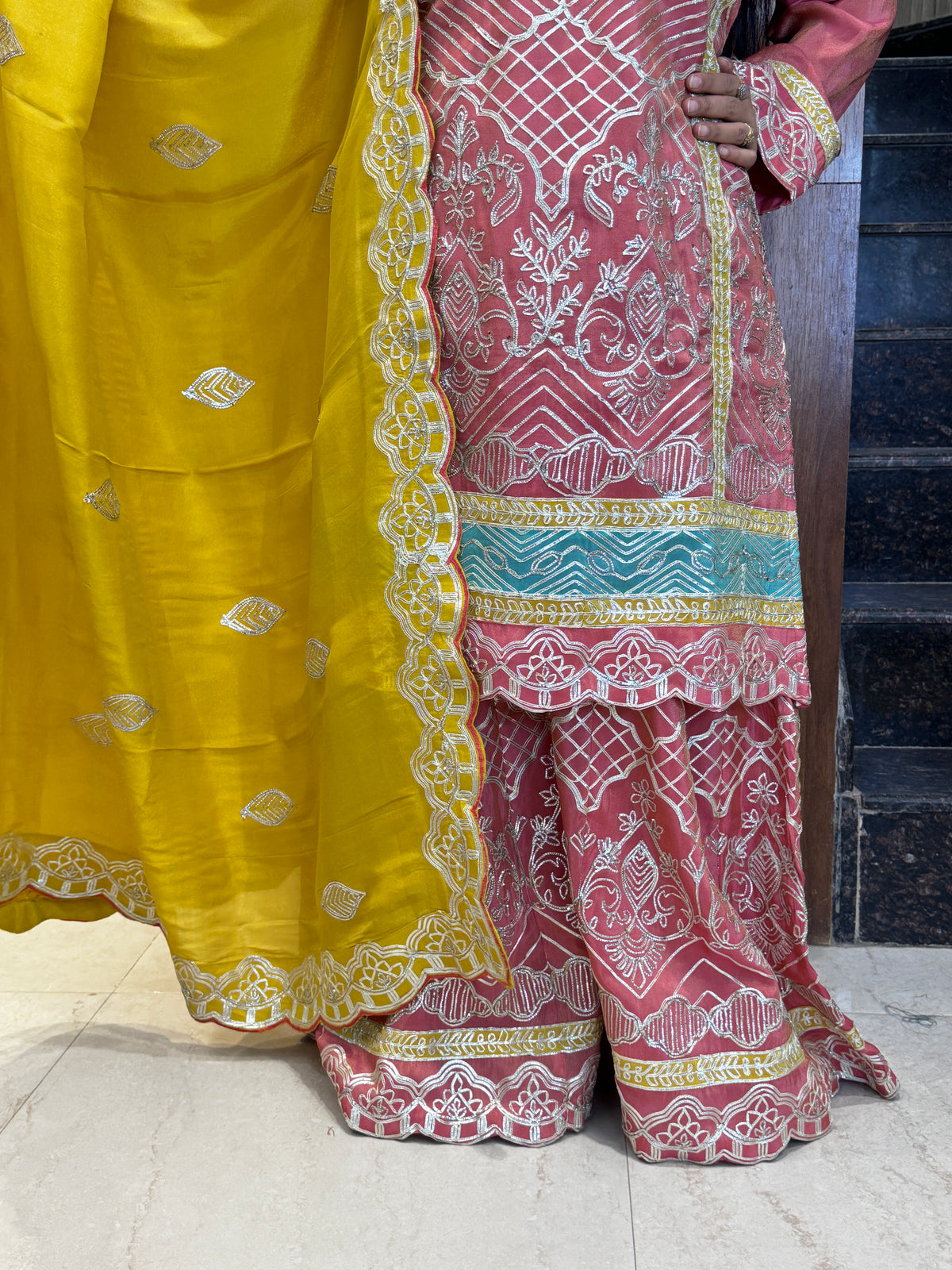 Rose Pink Yellow Embroidered Lawn Stitched Suit
