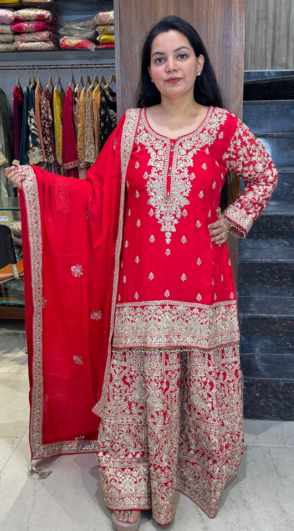 Red Embroidered Sharara Suit
