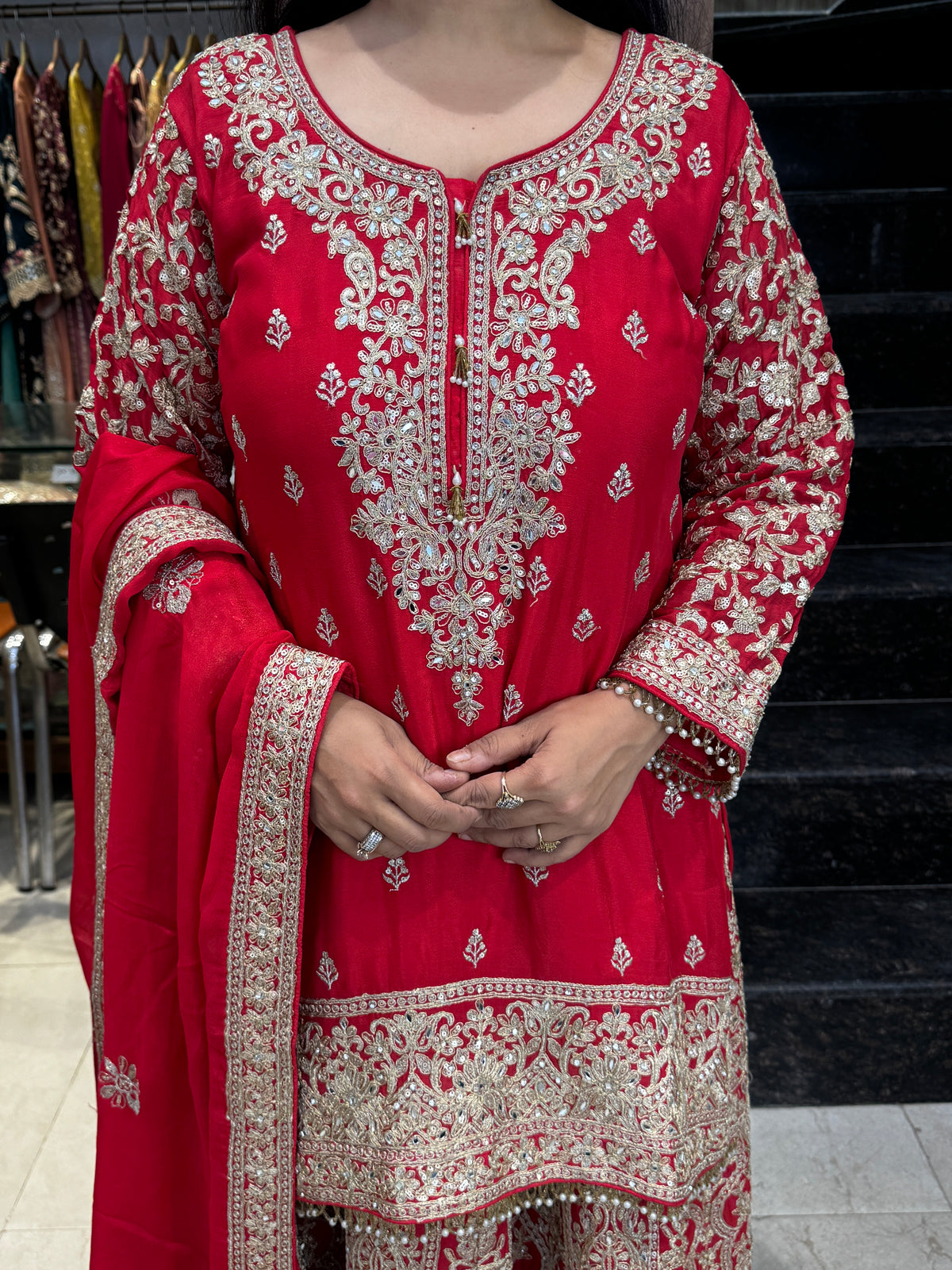Red Embroidered Sharara Suit