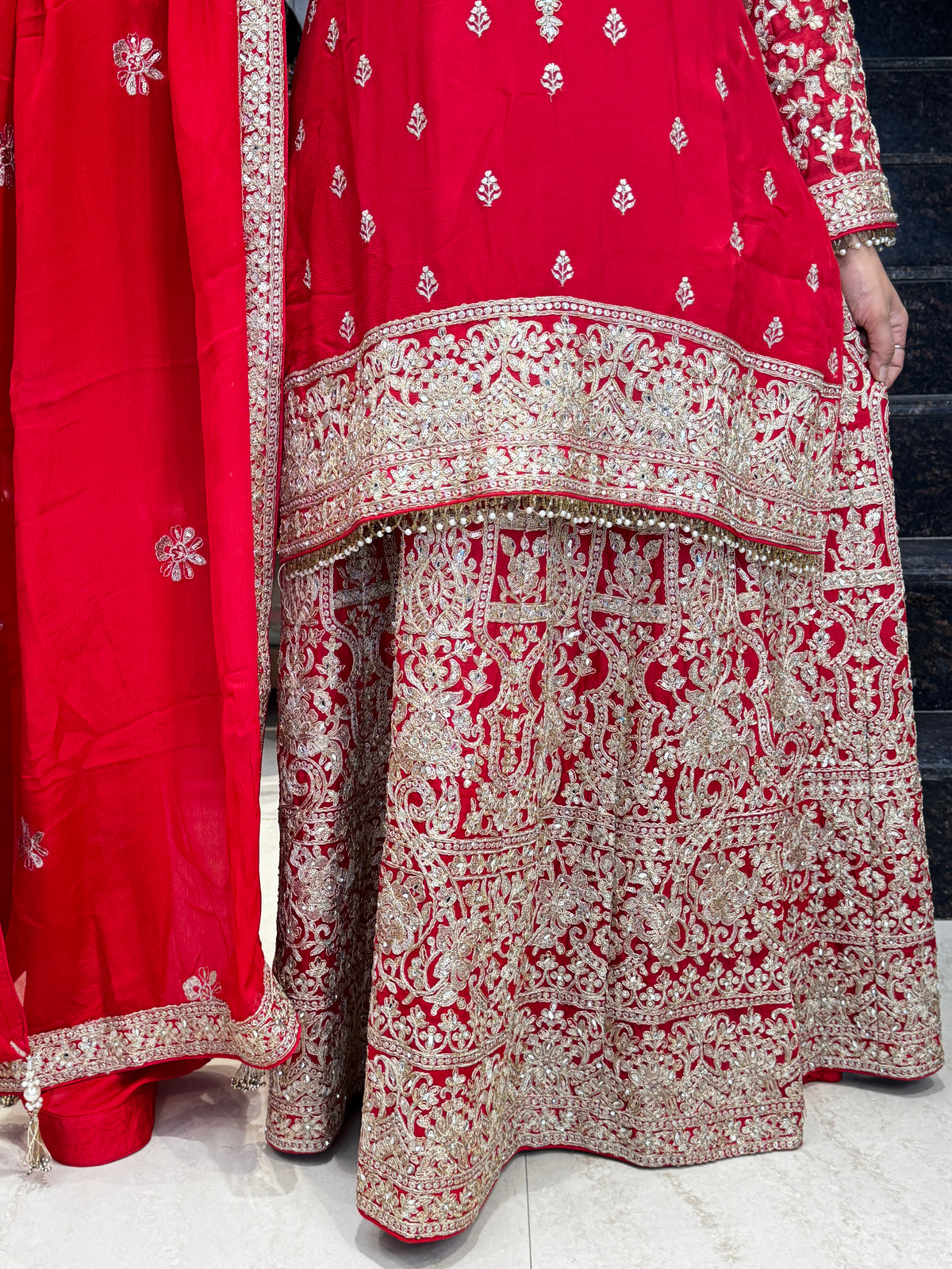 Red Embroidered Sharara Suit