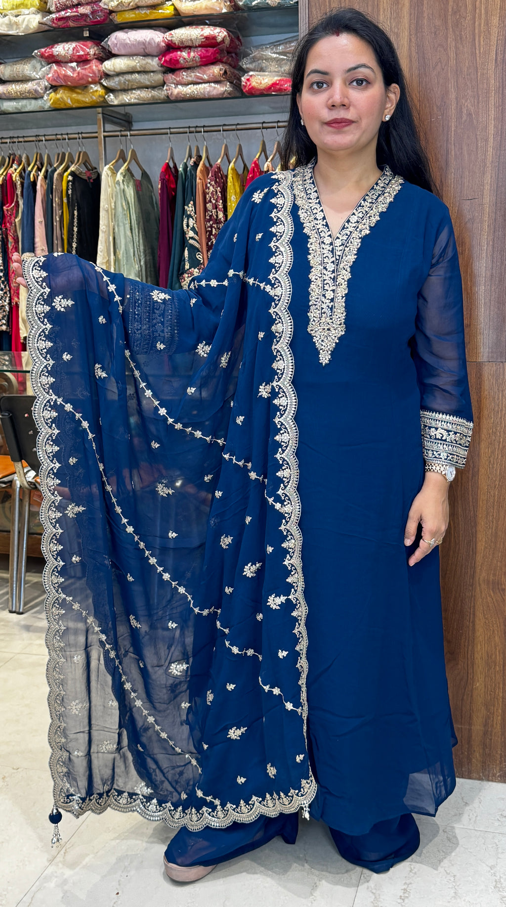 Navy Blue Embroidered Georgette Anarkali Suit – Stitched