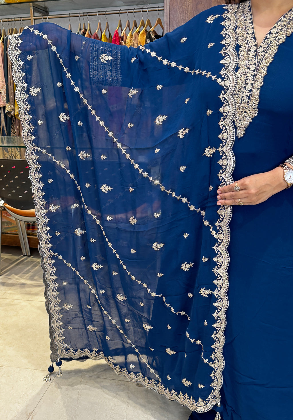 Navy Blue Embroidered Georgette Anarkali Suit – Stitched
