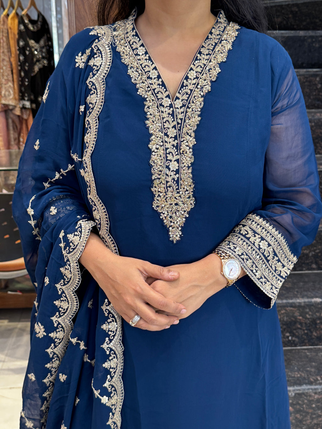 Navy Blue Embroidered Georgette Anarkali Suit – Stitched